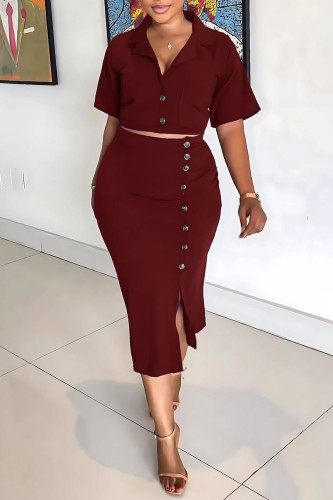 Burgundy Elegant Solid Pocket Buttons Slit Turndown Collar Short Sleeve Two Pieces