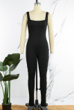 Svarta Casual Sportswear Solid Patchwork Skinny Jumpsuits med U-hals