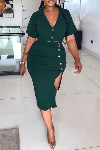 Dark Green Elegant Solid Pocket Buttons Slit Turndown Collar Short Sleeve Two Pieces