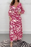 Dunkelgrünes, lässiges, bedrucktes, langes Patchwork-Kleid mit V-Ausschnitt