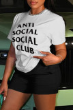 Black Casual Letter Print Basic O Neck Short Sleeve Two Pieces