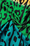 Farbe plus Größe Schrittweise Änderung Leopard Volant Printing Stehkragen bedrucktes Kleid