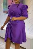 Пурпурные повседневные однотонные платья с круглым вырезом в стиле пэчворк