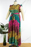 Kleur Grote maten Geleidelijke verandering Leopard Flounce Printing Mandarin Collar Printed Dress