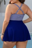 Traje de baño de talla grande con cuello en V sin espalda con estampado de rayas sexy azul (con relleno)