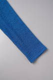 Hellblaue, lässige, einfarbige, langärmlige Patchwork-Kleider mit O-Ausschnitt