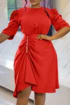 Rode casual effen patchwork jurken met ronde hals