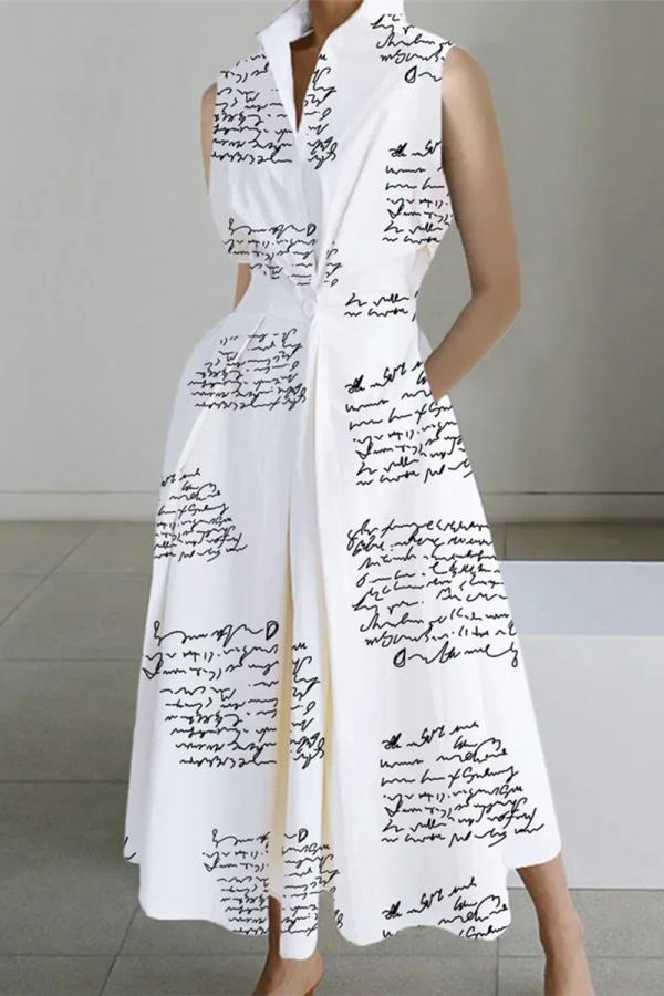 Letter Print Casual Print Patchwork Buttons Fold Mandarin Collar A Line Dresses