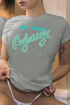 Серые футболки Street с винтажным принтом в стиле пэчворк и круглым вырезом