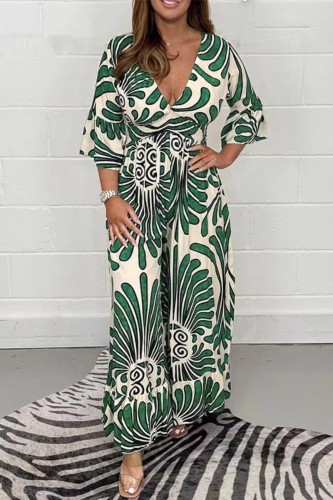 Dark Green Casual Print Patchwork V Neck Long Dress Dresses