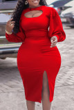 Rote, elegante, einfarbige, ausgehöhlte Patchwork-Schlitz-Kleider mit O-Ausschnitt und einstufigem Rock
