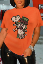 Оранжевые повседневные футболки с милым принтом в стиле пэчворк и круглым вырезом