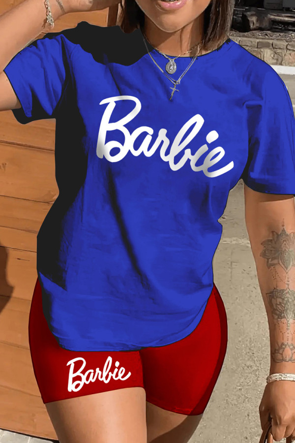 Blue Red Casual Print Basic O Neck Short Sleeve Two Pieces