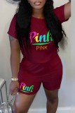 Burgundy Casual Print Letter O Neck Short Sleeve Two Pieces