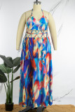 Blue Sexy Casual Vacation Mixed Printing Hollowed Out Printing Halter Printed Dress Dresses