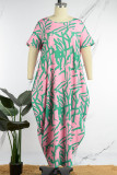 Розовое повседневное простое платье с принтом с круглым вырезом и принтом Платья Платья