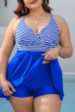 Темно-синий сексуальный полосатый принт в стиле пэчворк с открытой спиной и V-образным вырезом Большие размеры Купальники (с прокладками)