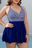 Black Sexy Striped Print Patchwork Backless V Neck Plus Size Swimwear (With Paddings)