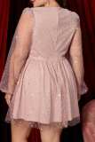ピンク カジュアル パッチワーク スパンコール シースルー V ネック 長袖 プラス サイズ ドレス