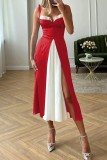 Красное сексуальное повседневное лоскутное платье с открытой спиной и разрезом, контрастное платье без рукавов на тонких бретельках, платья