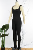 Zwarte casual sportkleding Effen patchwork skinny jumpsuits met U-hals