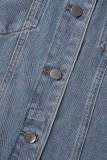 Jaqueta jeans regular azul casual patchwork gola redonda manga curta