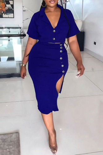 Blue Elegant Solid Pocket Buttons Slit Turndown Collar Short Sleeve Two Pieces