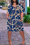 Синее повседневное платье с коротким рукавом и V-образным вырезом в стиле пэчворк с принтом