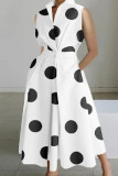 Black White Casual Print Patchwork Buttons Fold Mandarin Collar A Line Dresses