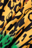 Färg Plus Size Gradvis förändring Leopard volangtryck Mandarin krage tryckt klänning