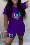 Grey Casual Print Letter O Neck Short Sleeve Two Pieces