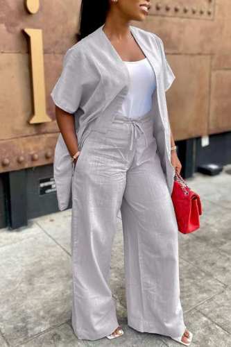 Grey Casual Solid Cardigan Pants Short Sleeve Two Pieces