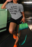 Black Casual Letter Print Basic O Neck Short Sleeve Two Pieces