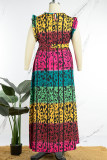 カラープラスサイズ段階的に変更ヒョウフラウンス印刷マンダリンカラープリントドレス