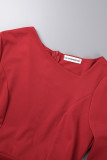 Rote, lässige, solide Patchwork-Kleider mit asymmetrischem Kragen und One-Step-Rock