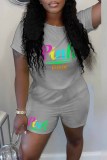 Grey Casual Print Letter O Neck Short Sleeve Two Pieces