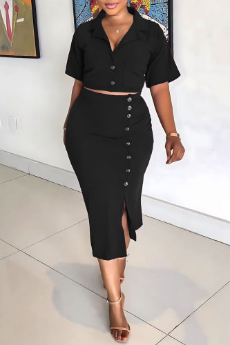 Black Elegant Solid Pocket Buttons Slit Turndown Collar Short Sleeve Two Pieces