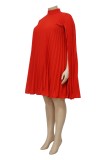 Rotes beiläufiges festes Patchwork-Falten-halbes Rollkragen-Kleid in Übergröße