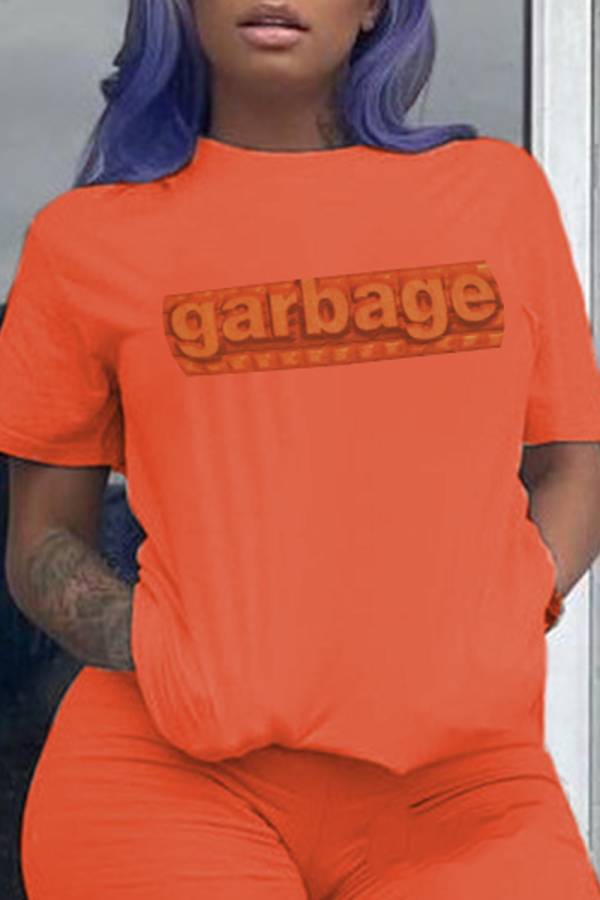 Magliette arancioni con stampa casual patchwork o collo