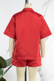 Röd Casual Solid Patchwork Skjorta Krage Kort ärm Två delar
