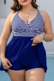Dark Blue Sexy Striped Print Patchwork Backless V Neck Plus Size Swimwear (With Paddings)