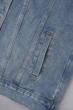 Jaqueta jeans regular azul casual patchwork gola redonda manga curta