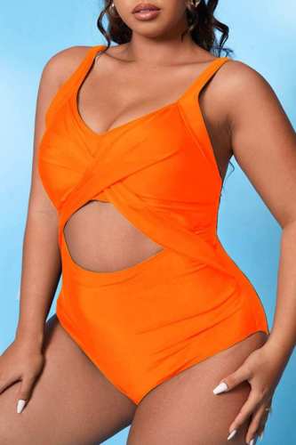 Оранжевый сексуальный однотонный купальник с открытой спиной и тонкими лямками большого размера (с прокладками)