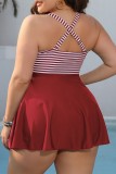Black Sexy Striped Print Patchwork Backless V Neck Plus Size Swimwear (With Paddings)
