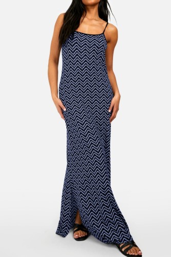 Blue Casual Print Backless Spaghetti Strap Long Dress Dresses