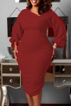Vestidos de saia única com gola assimétrica de retalhos lisos casuais vermelhos