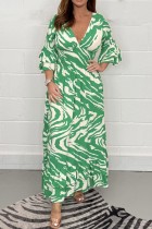Grüne, lässige, bedruckte, lange Kleider mit Patchwork-V-Ausschnitt