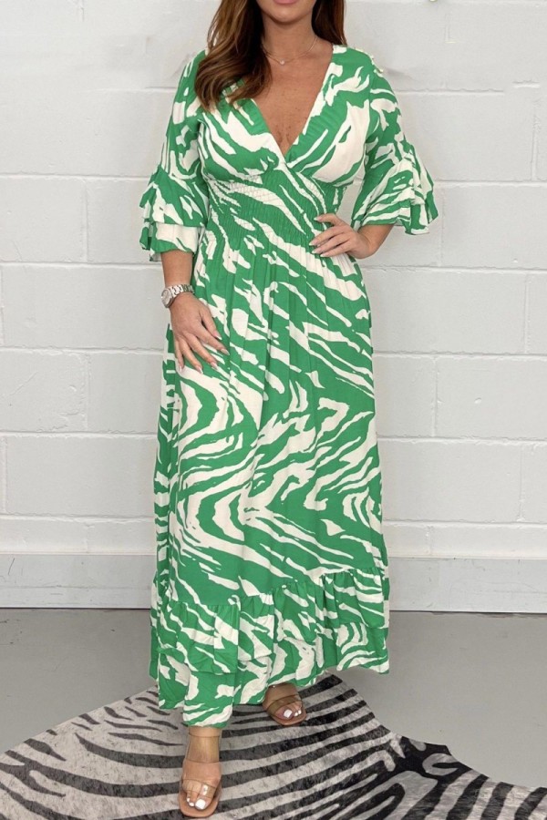 Green Casual Print Patchwork V Neck Long Dress Dresses