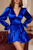 Blaue, lässige, feste Patchwork-Kleider mit V-Ausschnitt und langen Ärmeln