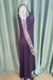Paarse casual print rugloze lange jurk met spaghettibandjes